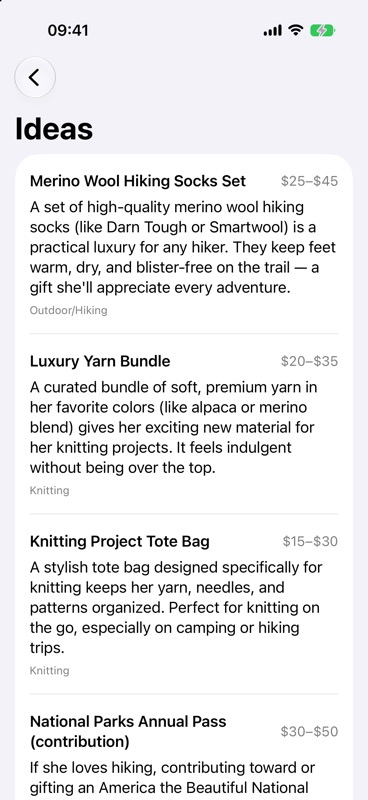 GiftGenie generated ideas screen with Claude suggestions for hiking and knitting gifts
