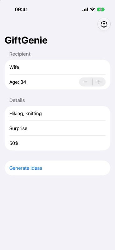 GiftGenie form filled with a gift request for a wife who likes hiking and knitting